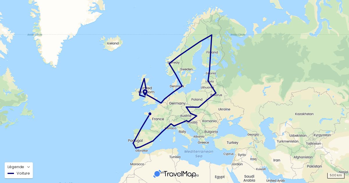 TravelMap itinerary: driving in Austria, Belgium, Belarus, Czech Republic, Denmark, Estonia, Spain, Finland, France, United Kingdom, Croatia, Hungary, Ireland, Italy, Latvia, Netherlands, Norway, Poland, Portugal, Sweden, Slovenia (Europe)